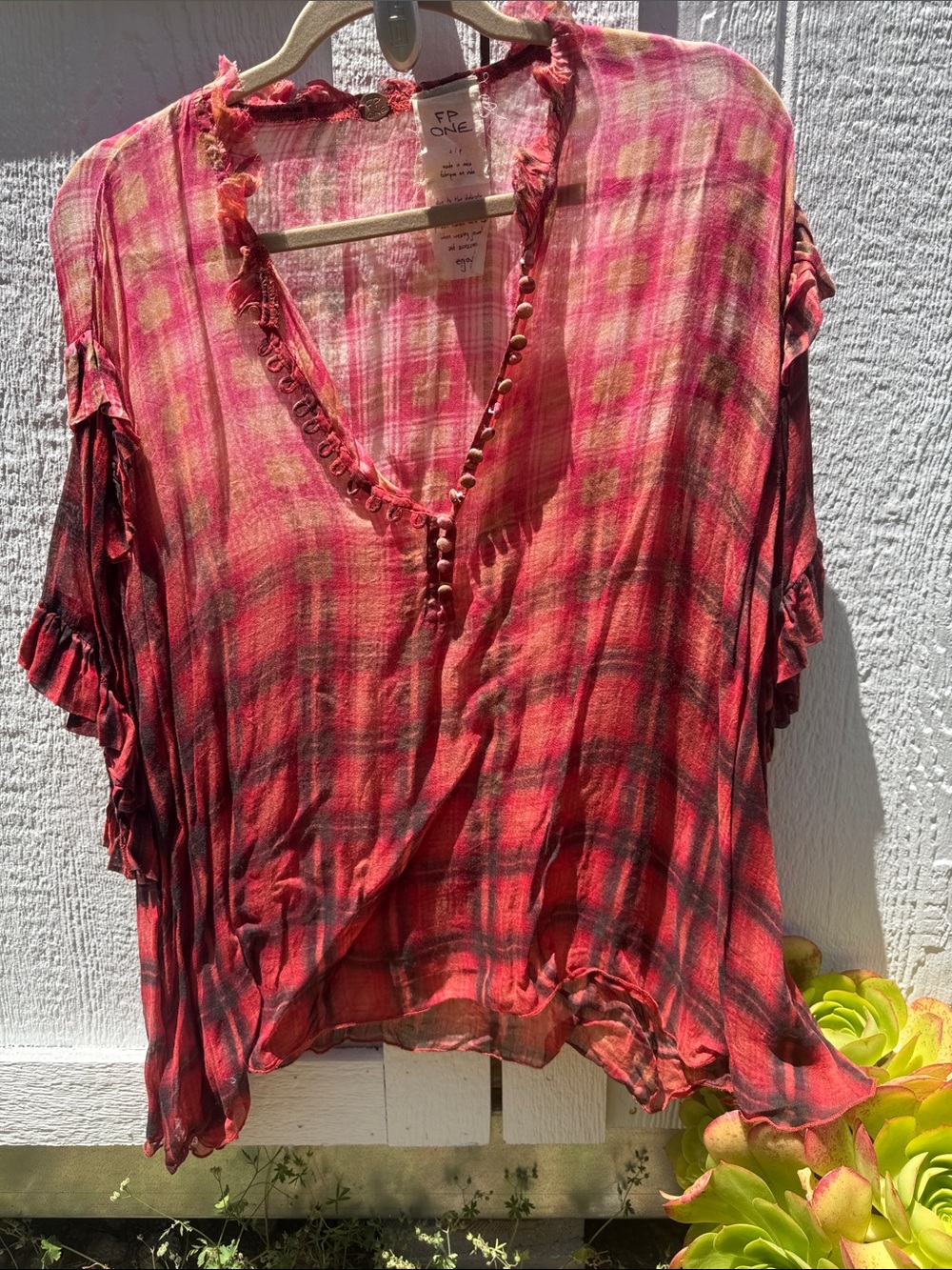 Free People One Pink Plaid Button-Front V-Neck Blouse